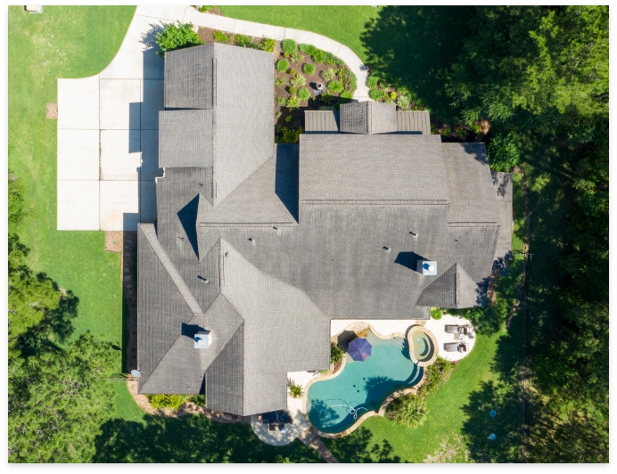 Katy Roofing Company - Overhead drone shot of a roof repaired by Barrier Roof Systems.